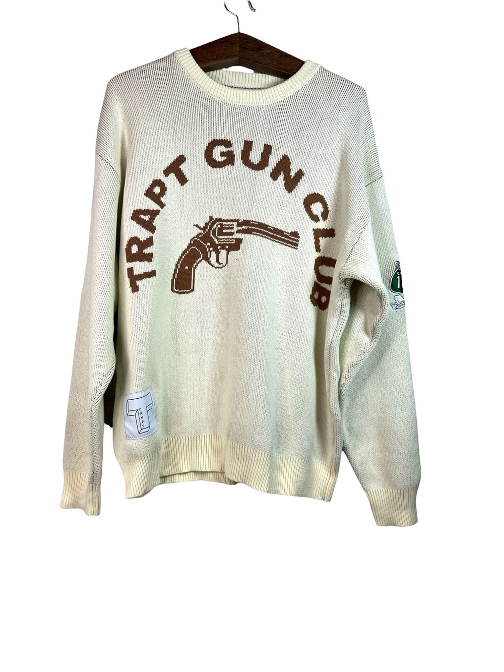 Trapt Gun Club Jacquard Knit Crewneck Sweater Cream Mens Size M Streetwear
